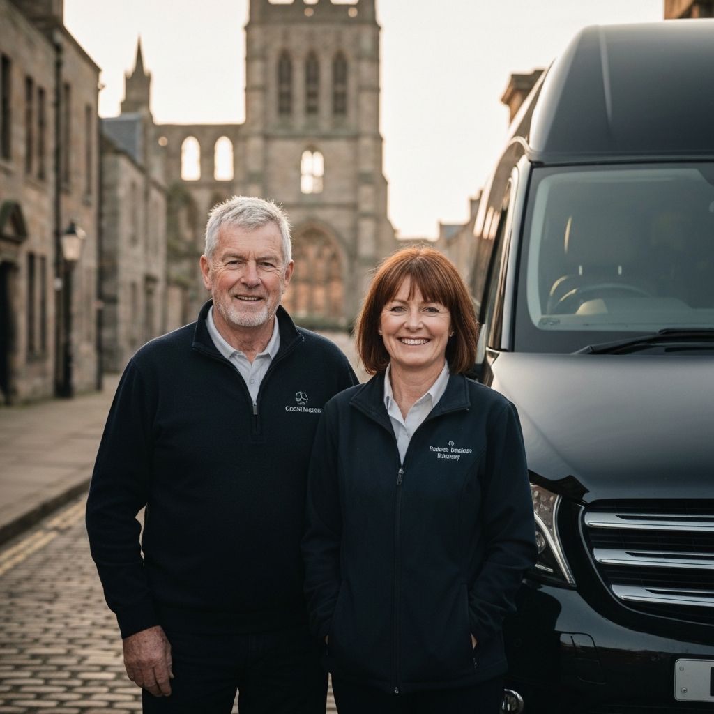 Gordon and Wendy, the husband-and-wife founders of St Andrews Shuttle, standing beside their Mercedes V-Class on a cobbled St Andrews street