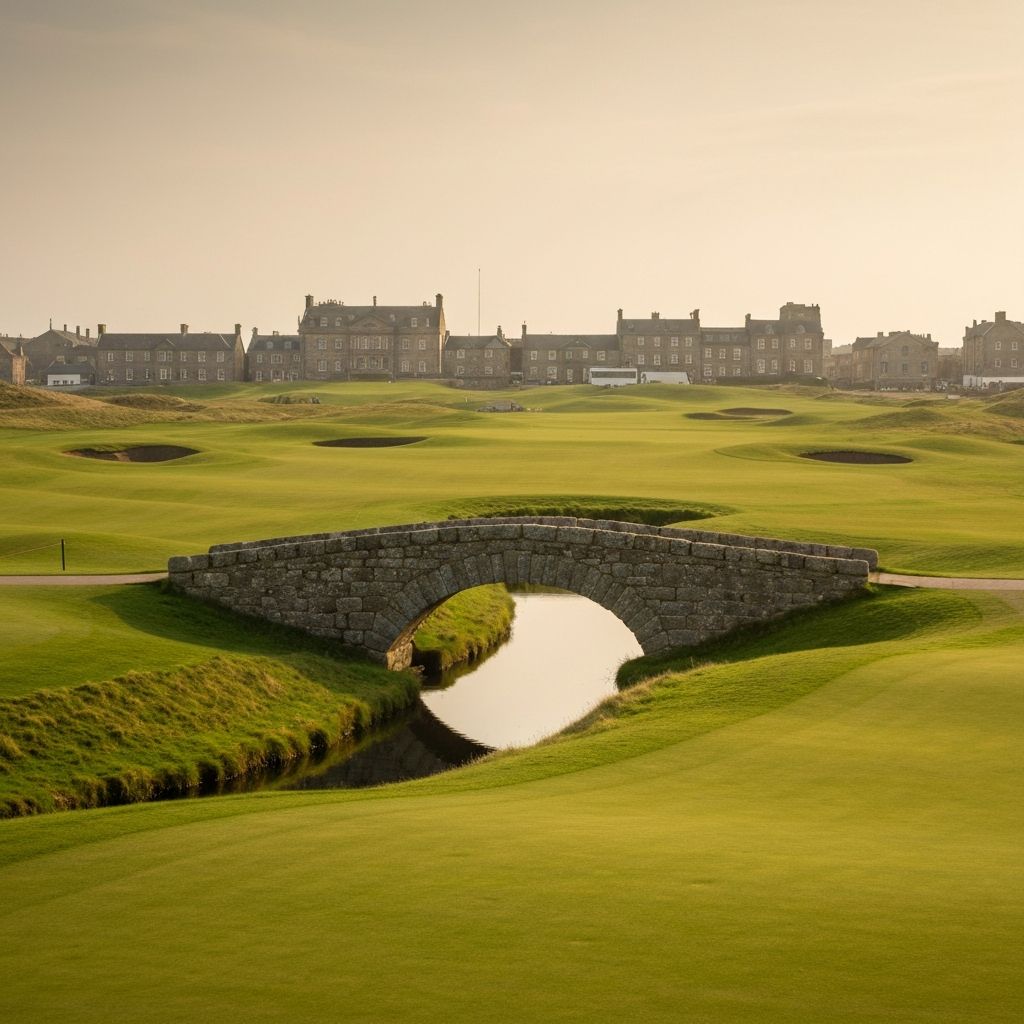 Two golfers shaking hands on the Swilcan Bridge, Old Course, St Andrews